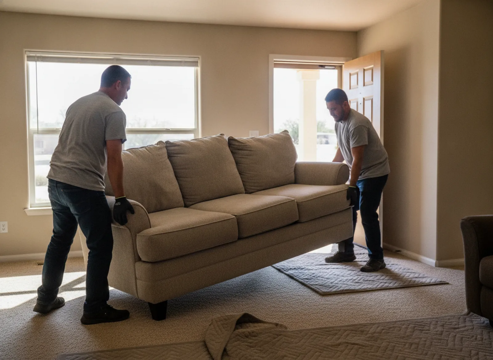 Workers lifting a heavy adjustable bed base during a mattress removal in Las Cruces, NM