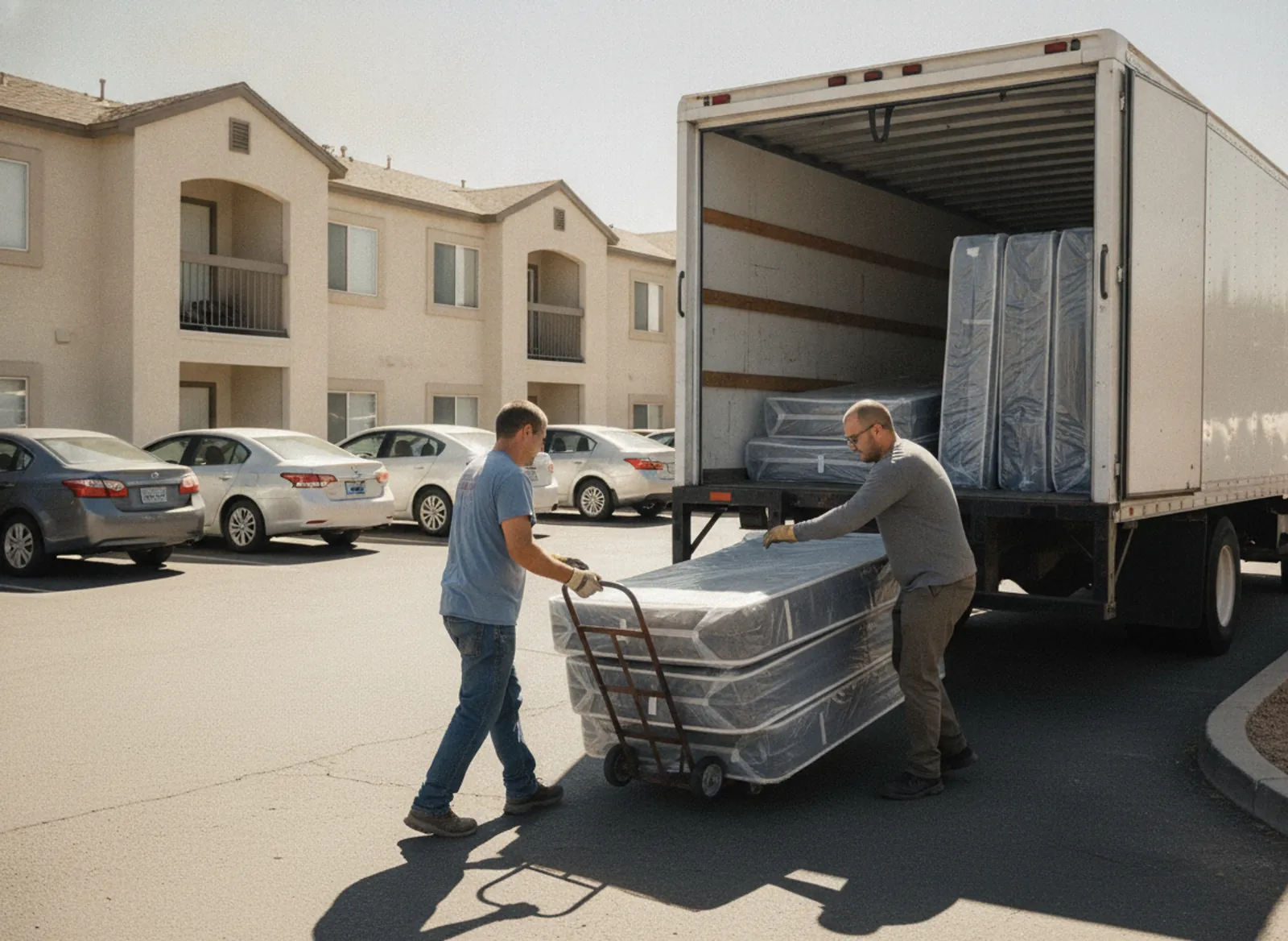 Crew loading a stack of mattresses from a bulk removal job at a Las Cruces, NM rental property