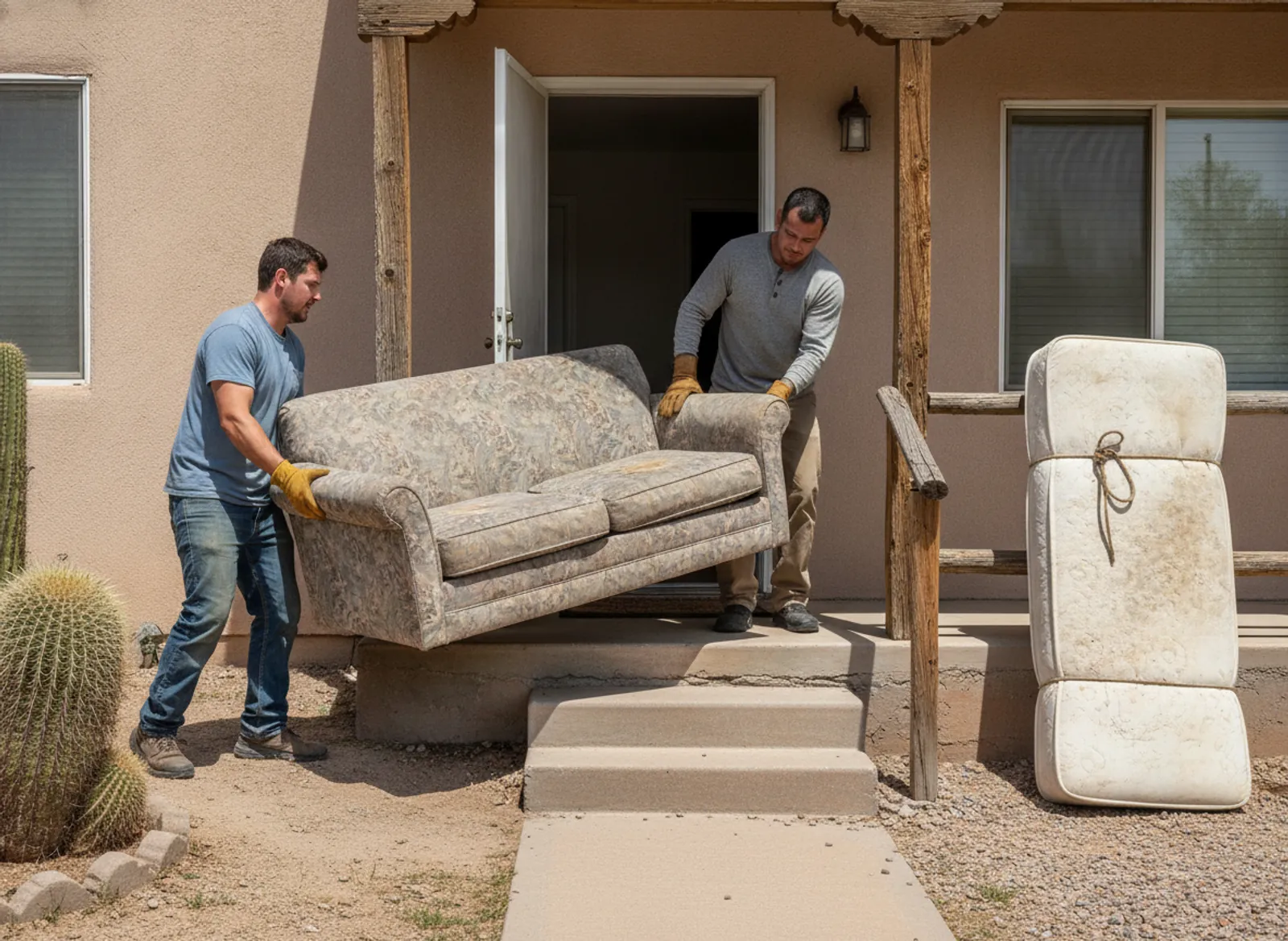 Mattress Removal Las Cruces crew carrying an old sofa out alongside a mattress in Las Cruces, NM