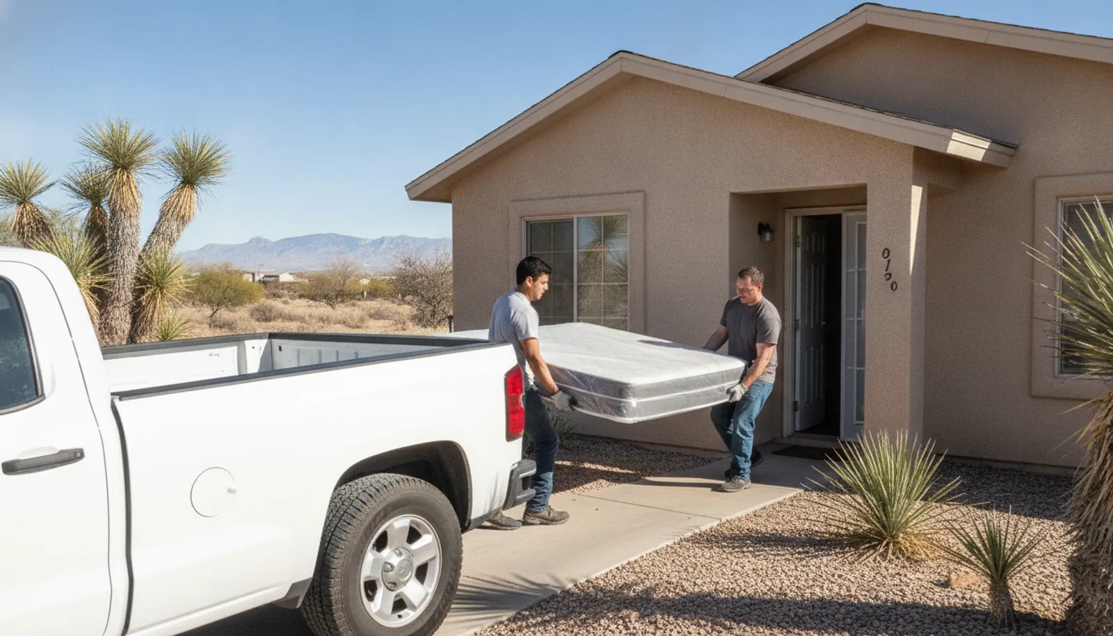 Mattress removal crew carrying a wrapped mattress out to a truck in Las Cruces, NM