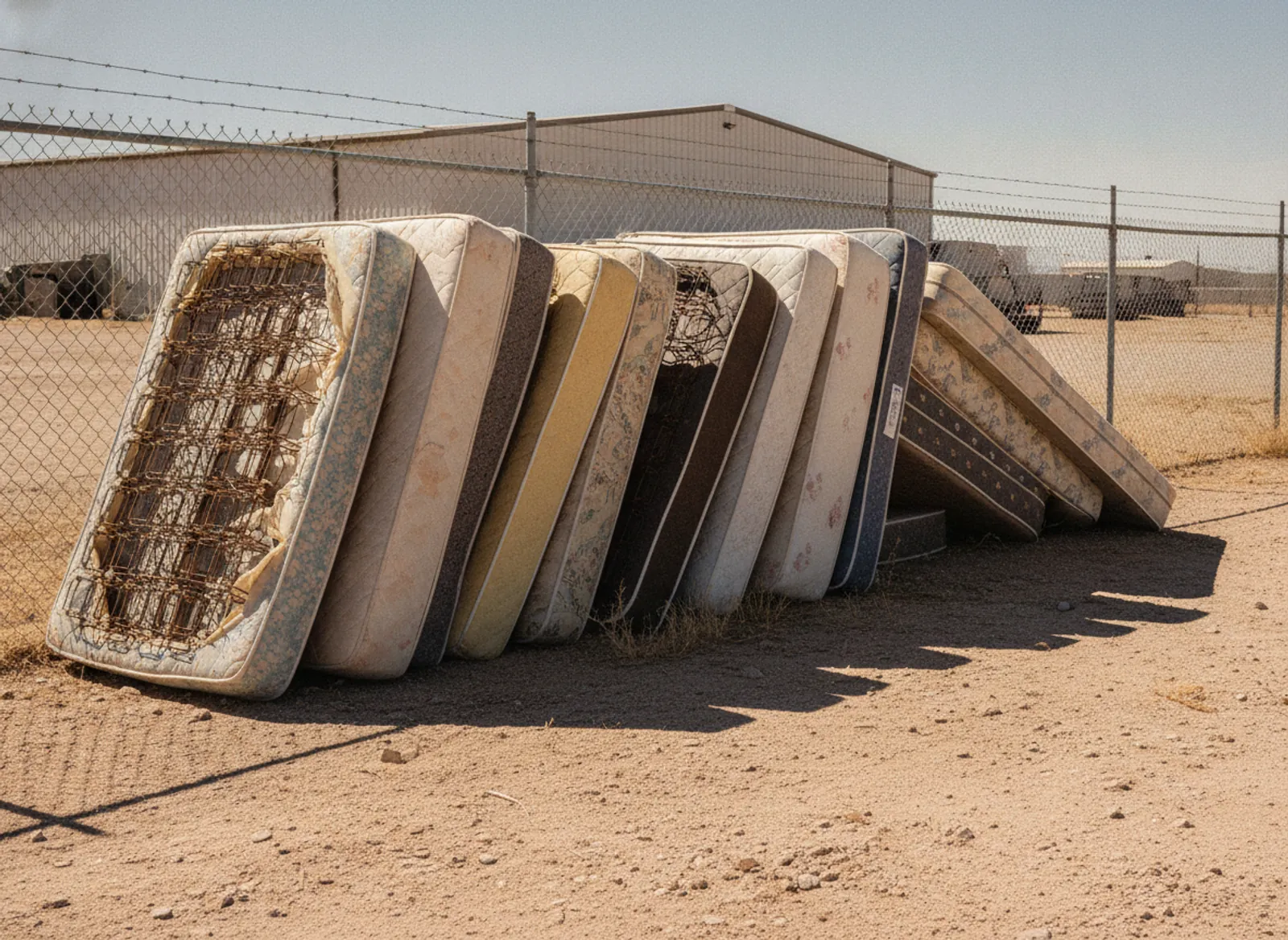 Old mattresses stacked and sorted for recycling after removal in Las Cruces, NM